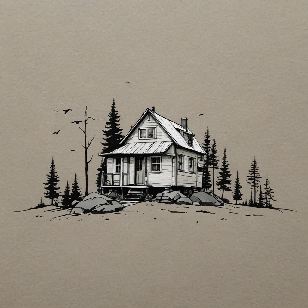 interior design, minimalism, tiny house style, ink art
