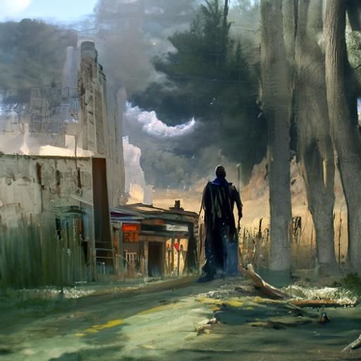 Man shadow alone in city apocalypse fire street. Cosmic stor...
