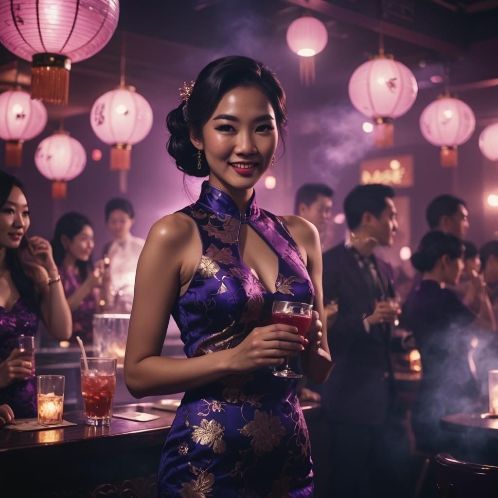 Asian woman wearing a deep purple Cheongsam,