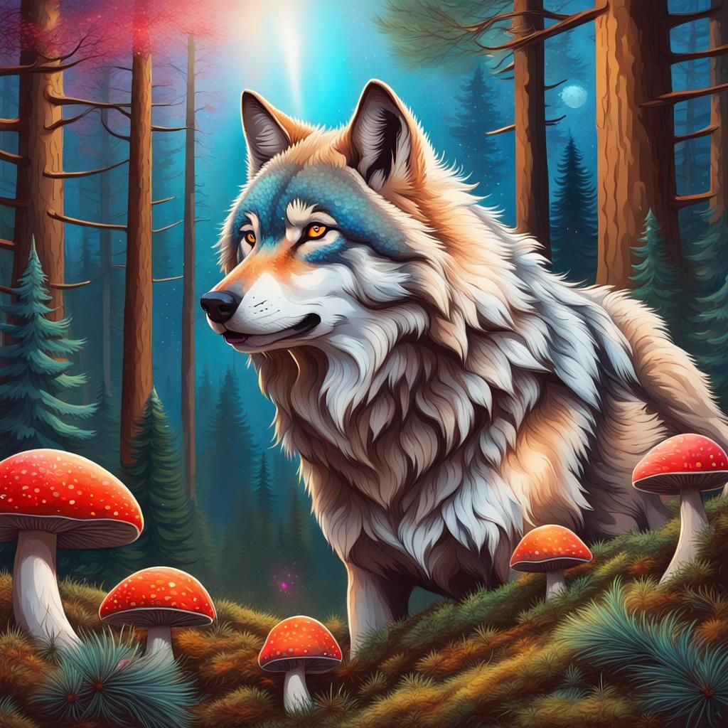 Celestial Wolf in Sparkling Forest