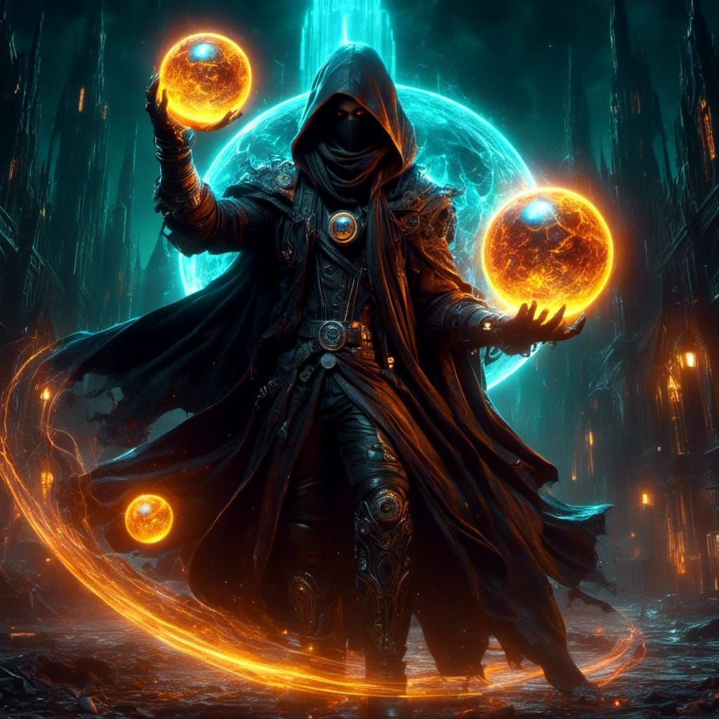  a mysterious figure wearing a hooded cloak and holding a glowing orb :...