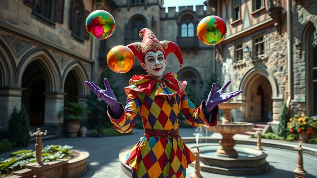A jester juggling brightly colored balls in a lively medieval courtyard.  by @Mia