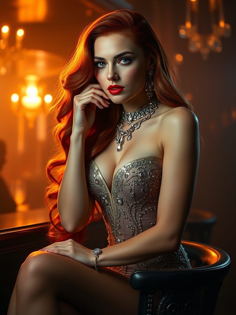 Elegant Woman in Smoky Bar with Shimmering Hair