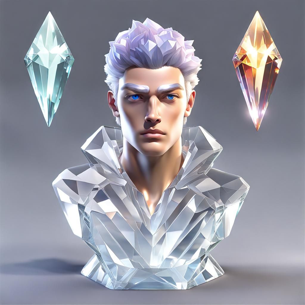 male hero, made of crystal, head made of glass, hair made of crystal