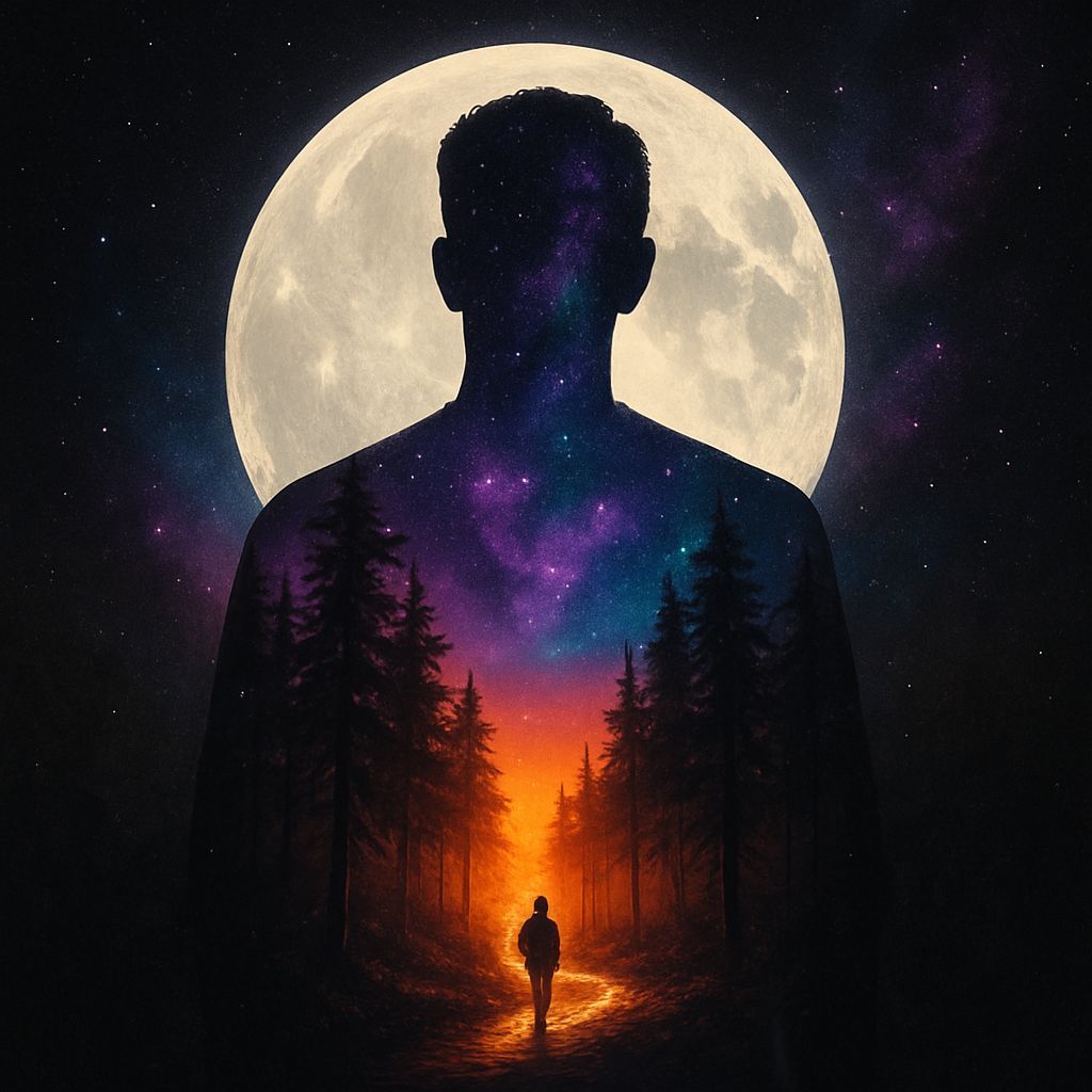 Surreal Double Exposure: Man, Forest, and Galaxy