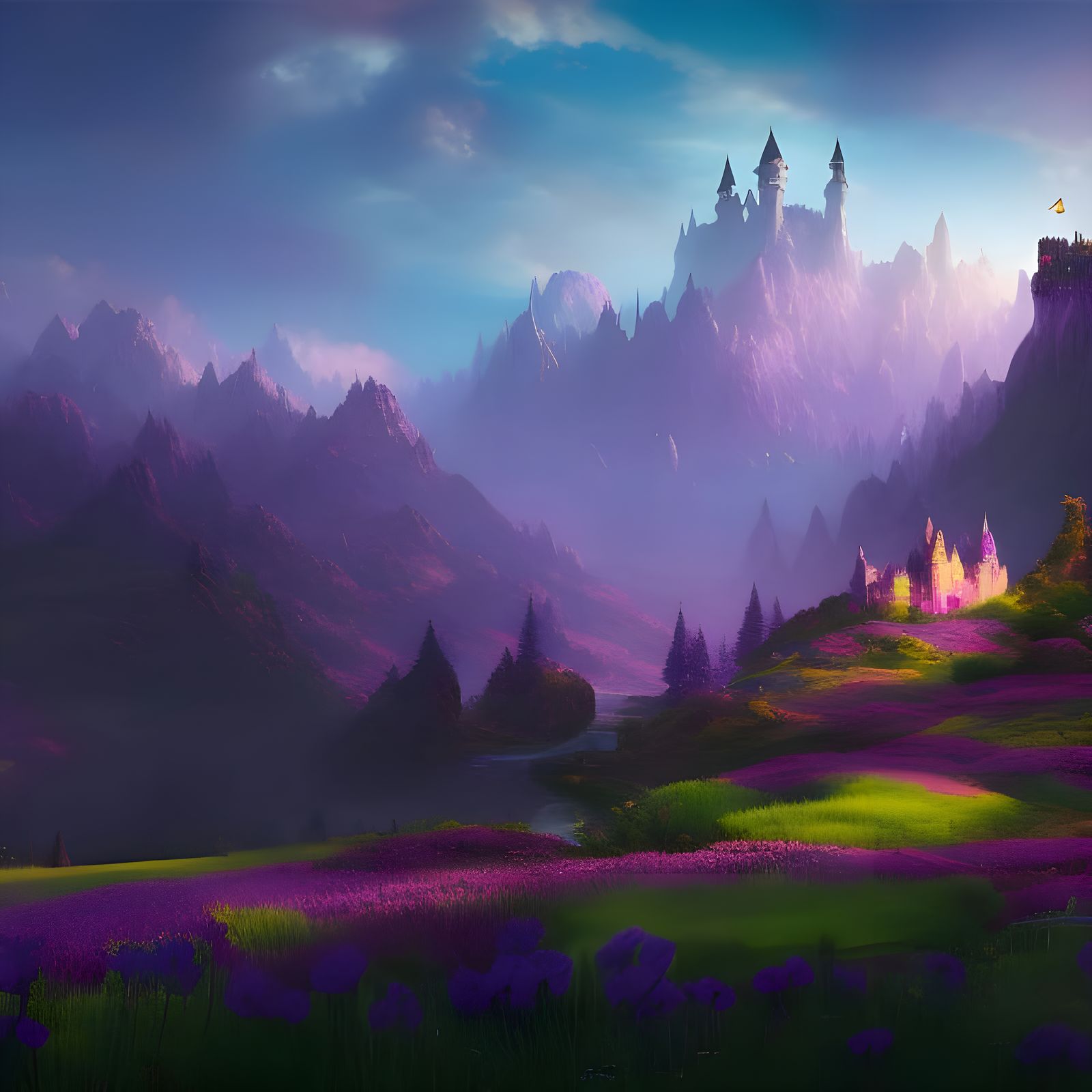 Fantasy fairy house, Purple flowers in foreground corner, ca...