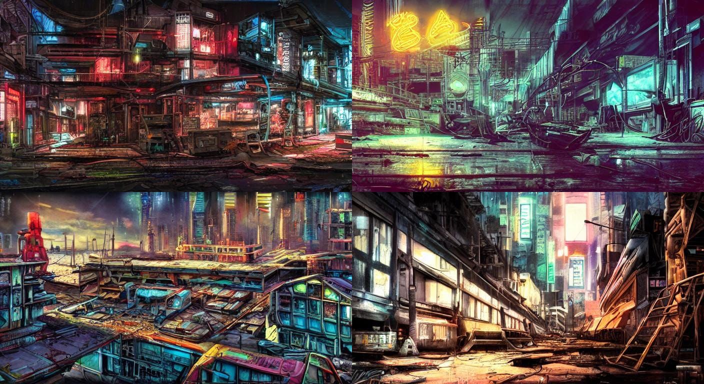 dilapidated sci-fi city, disused, dockyard, cyberpunk, neon