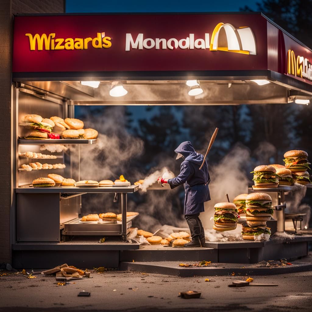 wizards destroying Mcdonalds kitchen