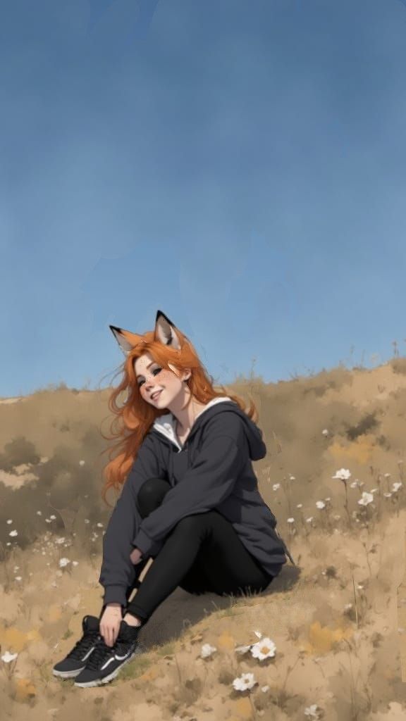 Fox-girl Vixen sitting on a hill
