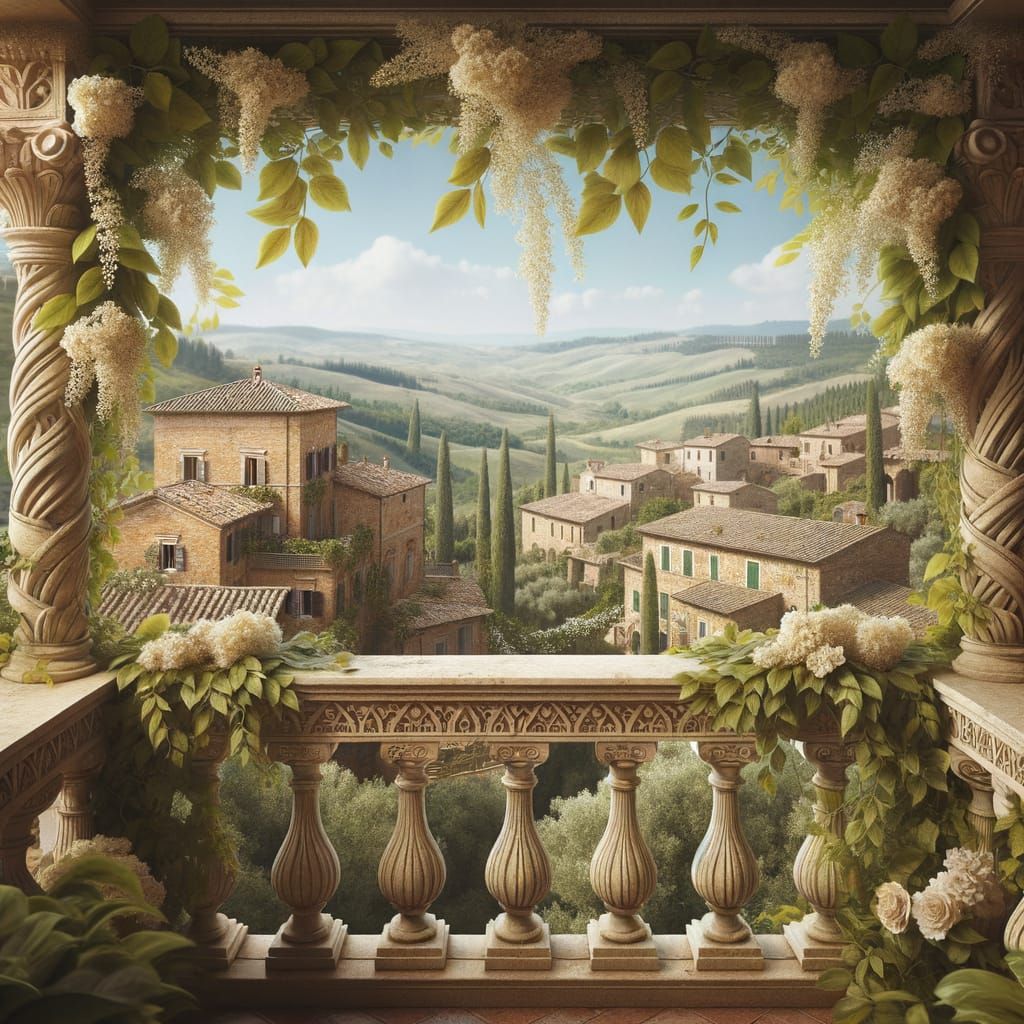 A colonial balcony surrounded by flowers and ivory leaves in a landscape of Tuscany village  by @Wesly 