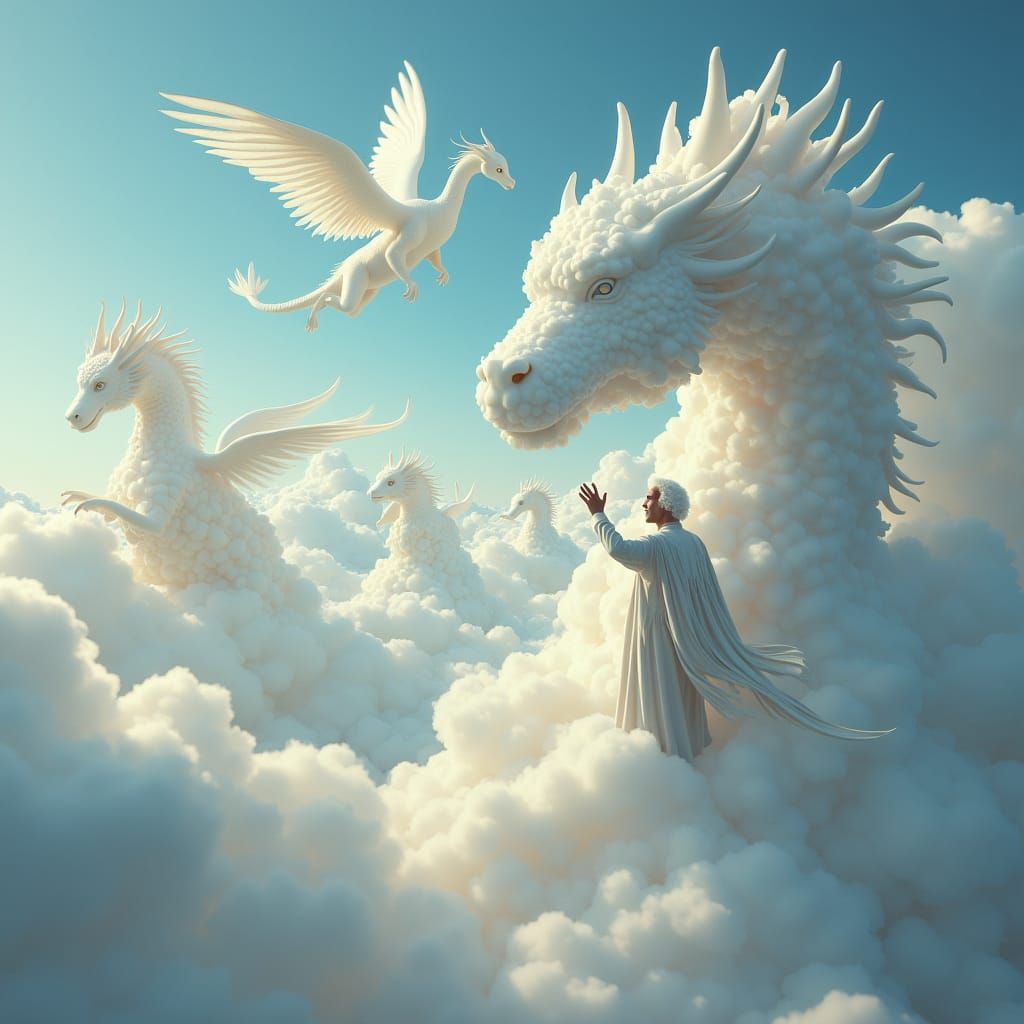 A celestial figure skillfully shapes clouds into fantastical creatures.   by @KomBib