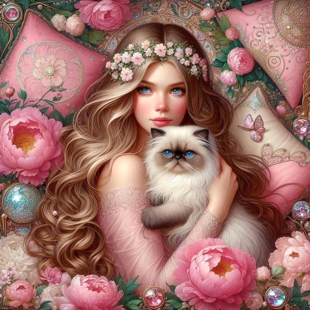 Woman in Pink with Himalayan Cat, a series