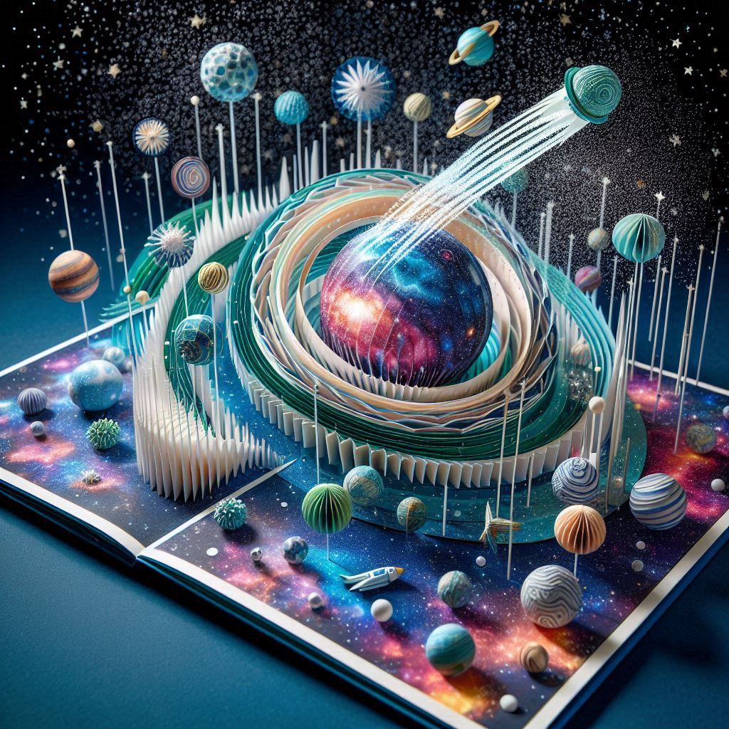 Pop-up book scenes showing a detailed galaxy with milky way, starry and a solar system 15