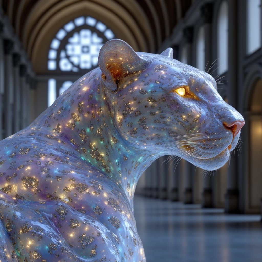 <lora:FerroBlume:1.0> a close-up of an iridescent panther made from clear glass and lights. in the background is a huge museum with arched w...