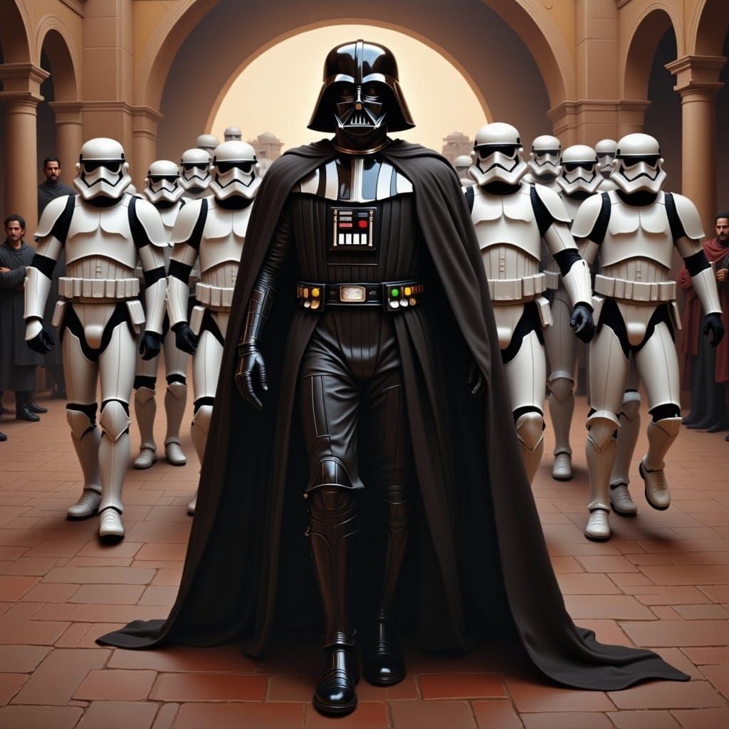 <lora:Roman Oils Flux:1.0> Darth Vader with stormtroopers behind him