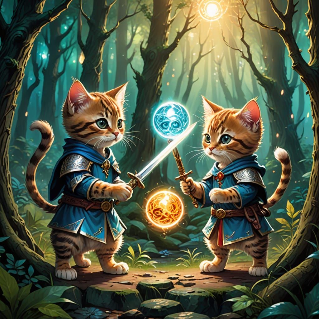 Anime digital painting style. Two kittens, one a warrior with a tiny sword, the other a mage with a glowing orb, facing off in a whimsical, ...