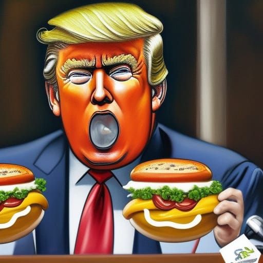 A courtroom sketch of Donald Trump eating a hotdog, courtroom sketch ...