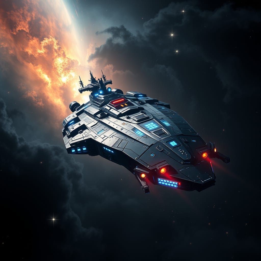 Kalypso space warship, a majestic celestial dreadnought, pierces through the inky blackness of space, ...  by @The Athenian