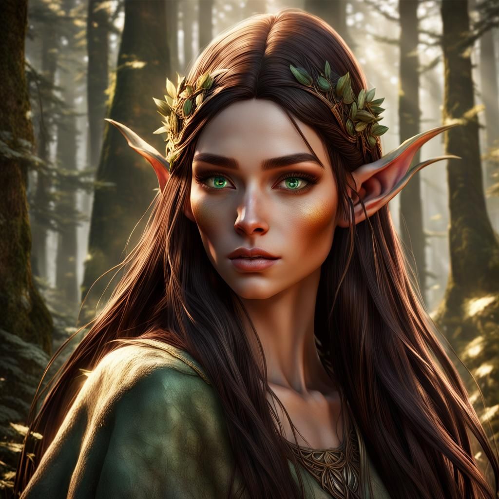 An forest elve with long dark brown straight hair , green eyes , and ...