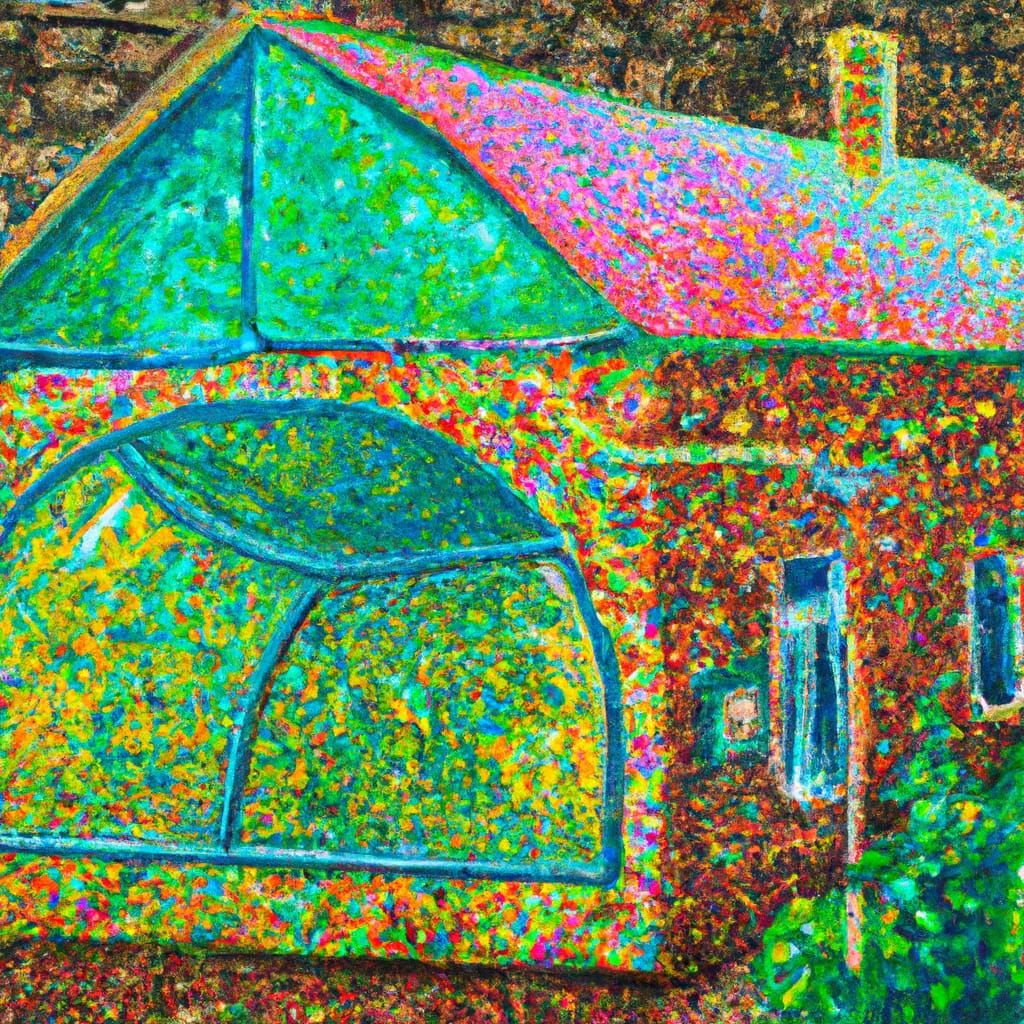 a stone cottage with attached greenhouse cozy pointillism st...