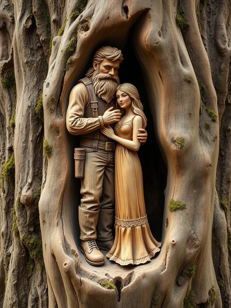 Wood carving in a tree of imposing lumberjack and his wife