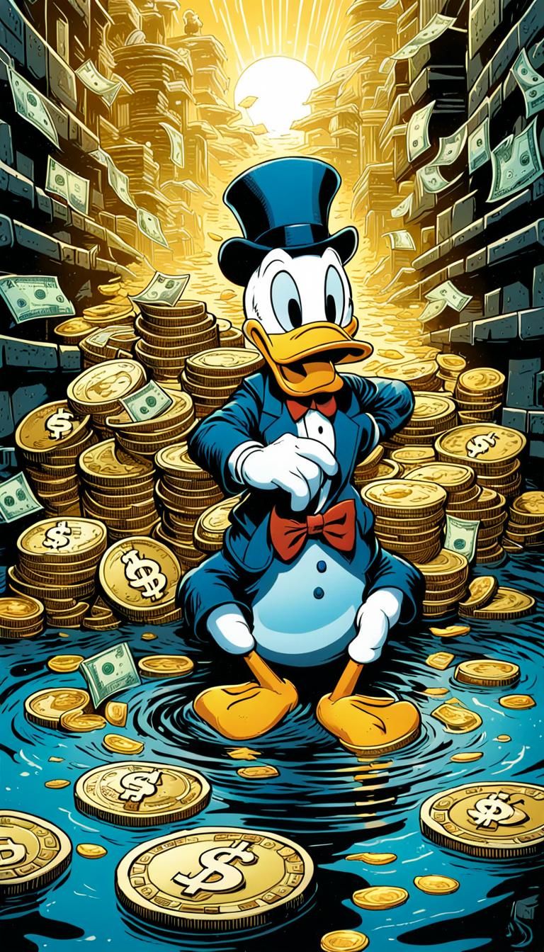 Scroge  mcduck in the pool of gold and money