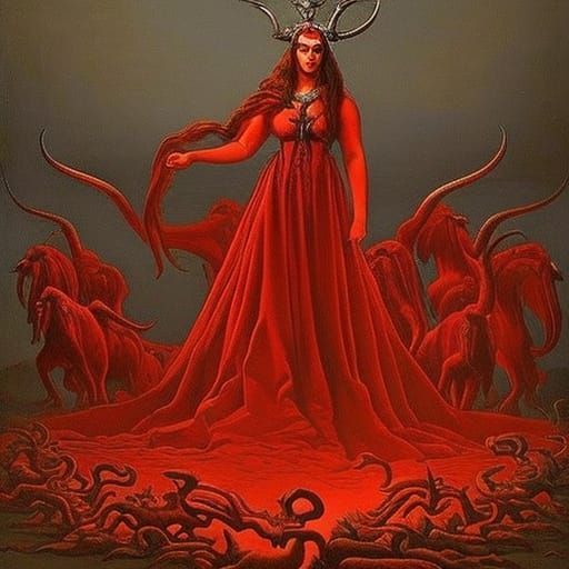 a woman sitting on a scarlet colored wild beast with 7 heads...