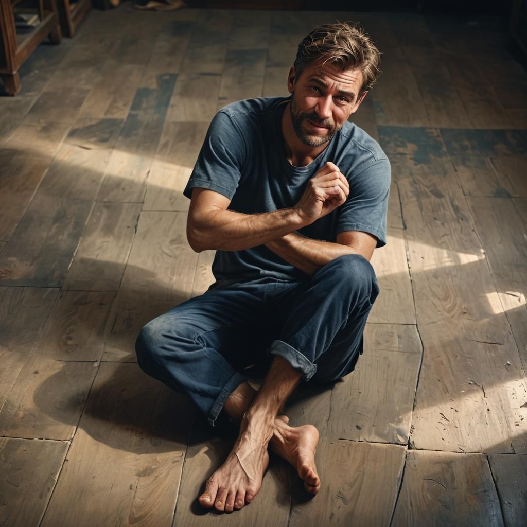 Hyperrealistic Man Scratching Himself, Cinematic Portrait