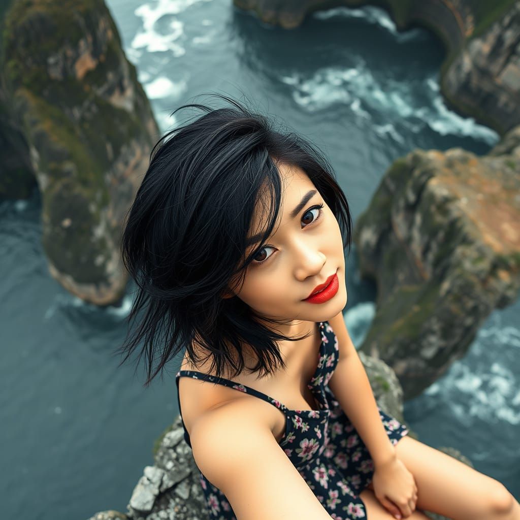 Hyperrealistic Thai Woman on Cliffs Overlooking Sea
