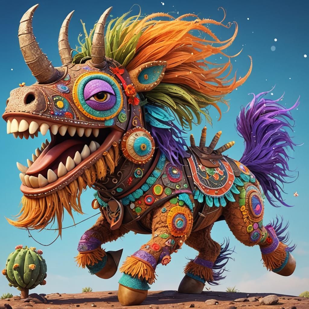 Imagem estilo Pixar. Um animal híbrido de cavalo preto, jacaré e pássaro. Paisagem com cactos e estrelas-de-Davi. ...  by @Capivara Master