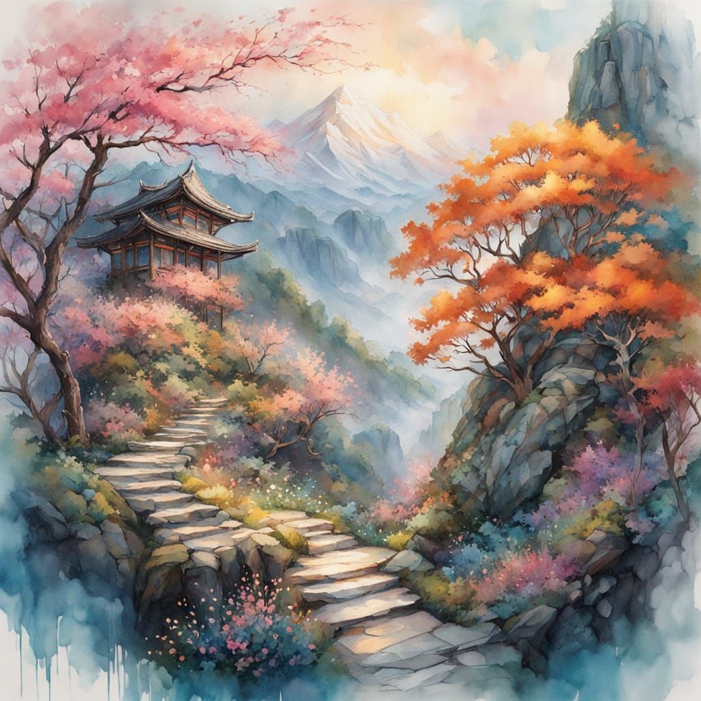 Ethereal Mountain Pass in Dreamy Watercolor Style