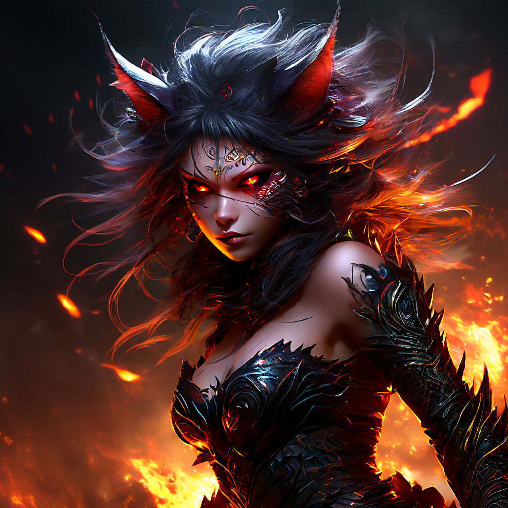 Female demon-pixie, mid-action, rear-far-shot, glowing cat eyes looking back expressively, hair flows with disheveled tendrils, torn laced attire, mischievous flirty demeanor, Greg Rutkowski style digital painting, hyperdetailed, octane render, fractal brilliance, watercolor elements