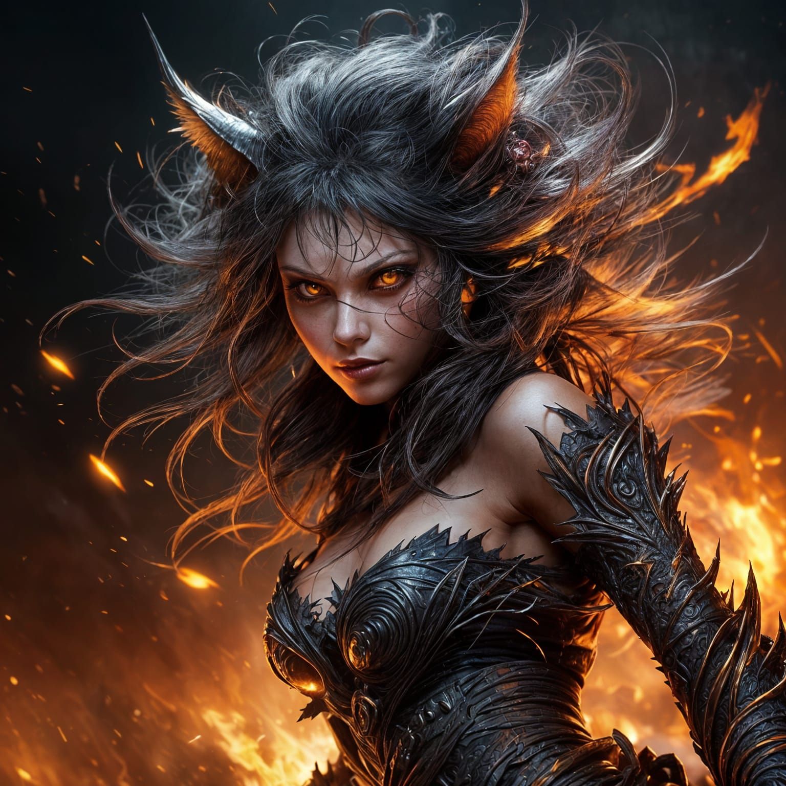 Female demon-pixie, mid-action, rear-far-shot, glowing cat e...