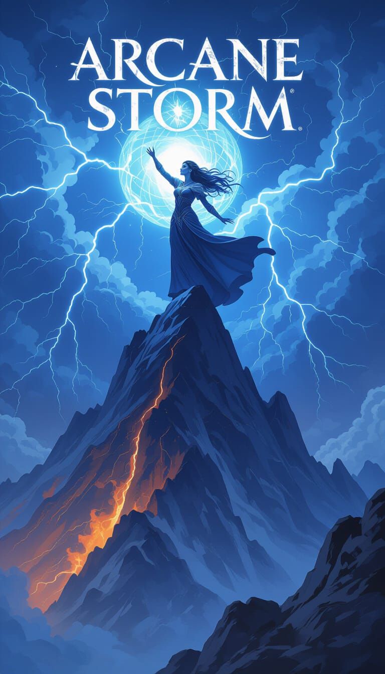 For a video game cover, a powerful sorceress stands atop a towering mountain peak, her eyes glowing with arcane energy as she summons a stor...