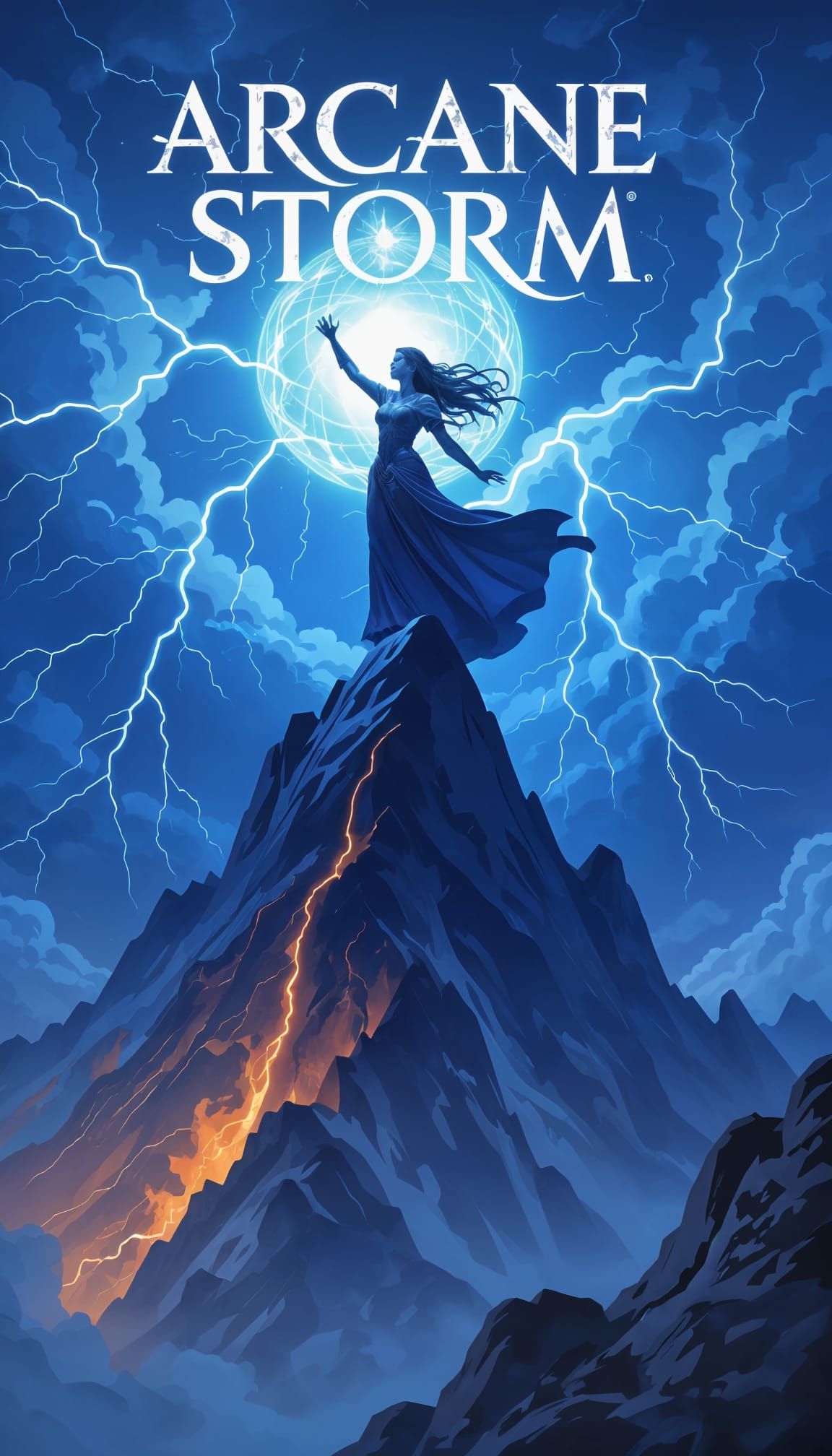 For a video game cover, a powerful sorceress stands atop a towering mountain peak, her eyes glowing with ...  by @PapaOsiris