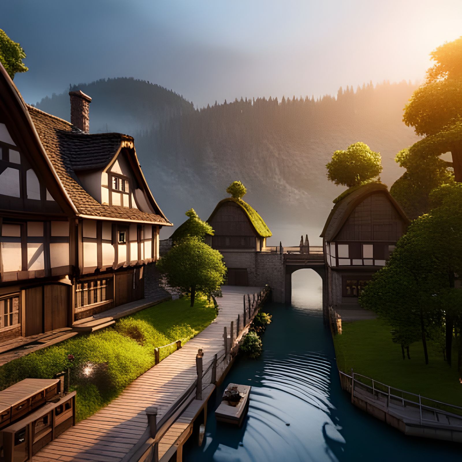 A hyper-realistic medieval village located in a forest with ...
