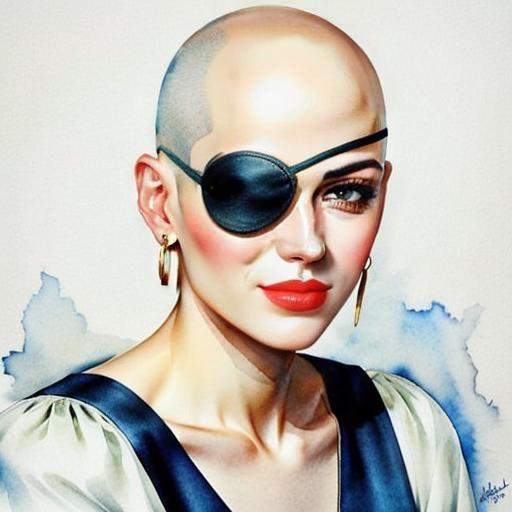 Ultra realistic watercolor portrait of gorgeous bald woman wearing an eyepatch