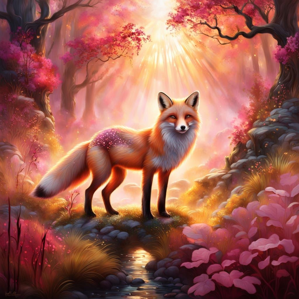 A fox in a magnificent lush landscape, as a gold glass work with pink outlines, mist, golden foil details, magical lighting, crepuscular ray...