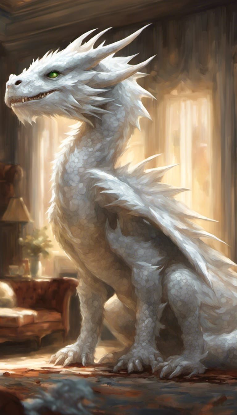 Chibi White Dragon in Living Room, 3D Render