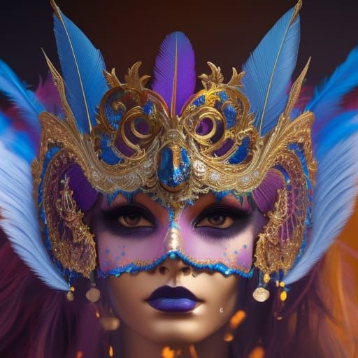 Colorful feather mask cosmic colors blues