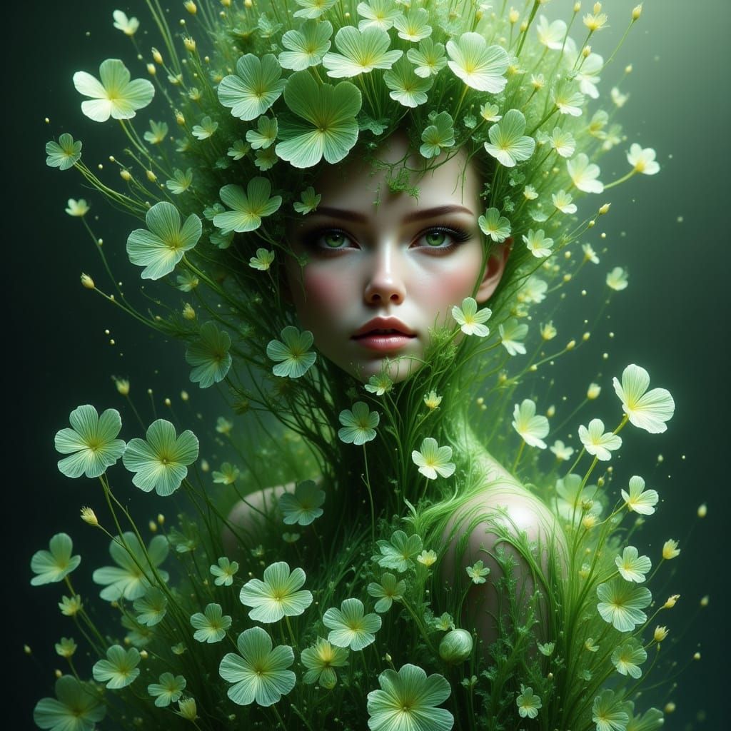 Nature Goddess in Emerald-Green Cloak with Ethereal Glow