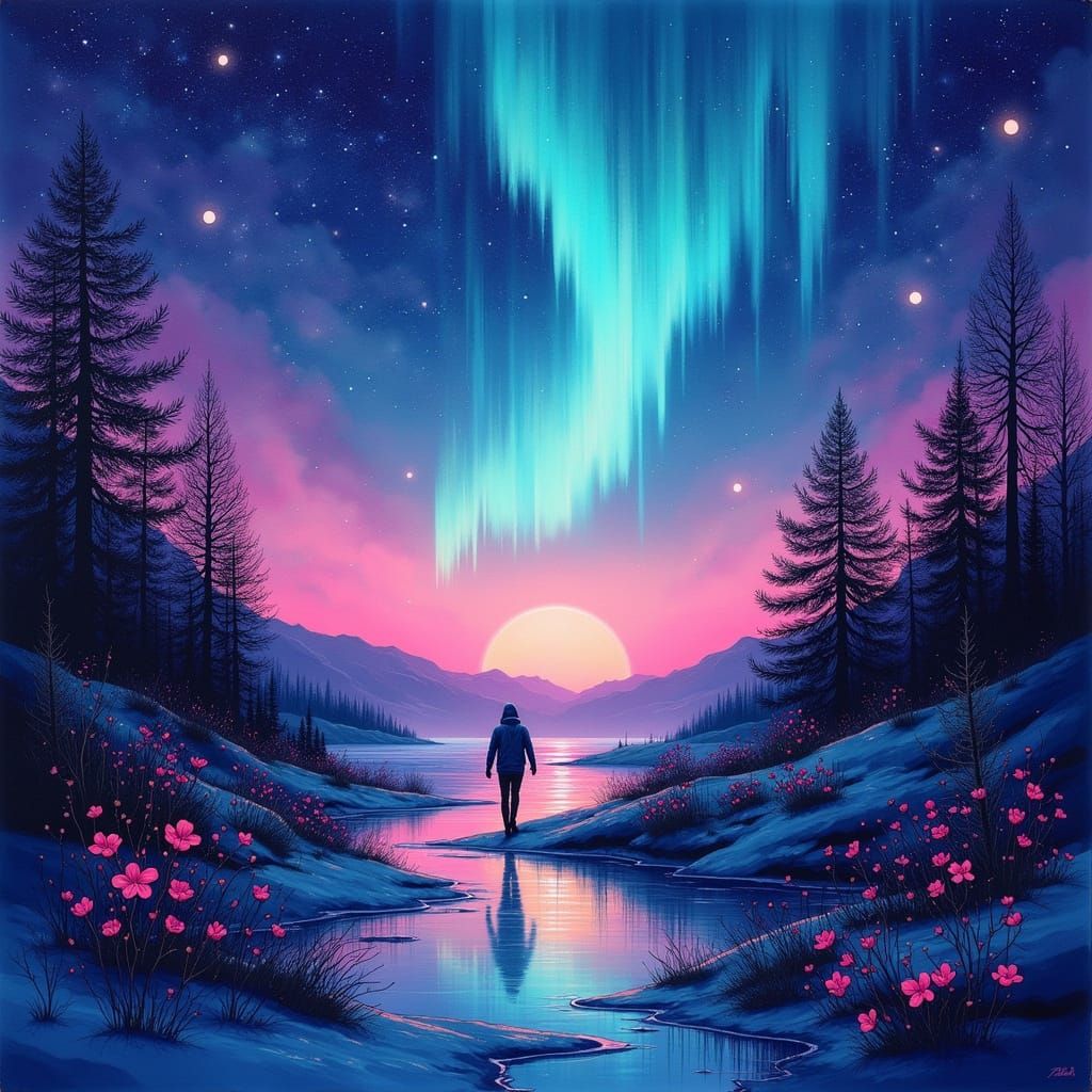 Dreamlike Aurora Borealis Landscape in Vibrant, Iridescent C...