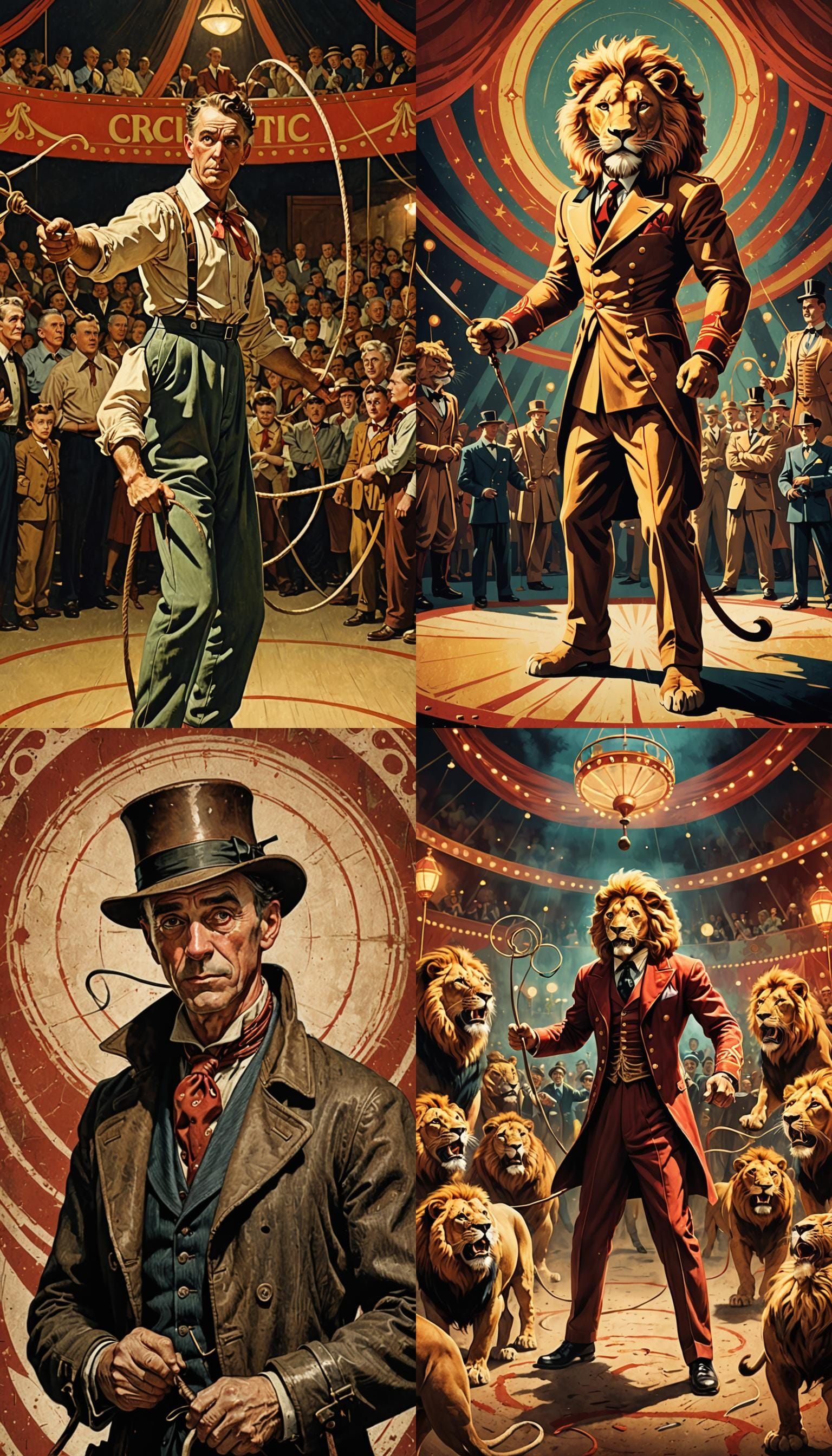 illustration styles 40s. in a circus ring, a tamer holding a...