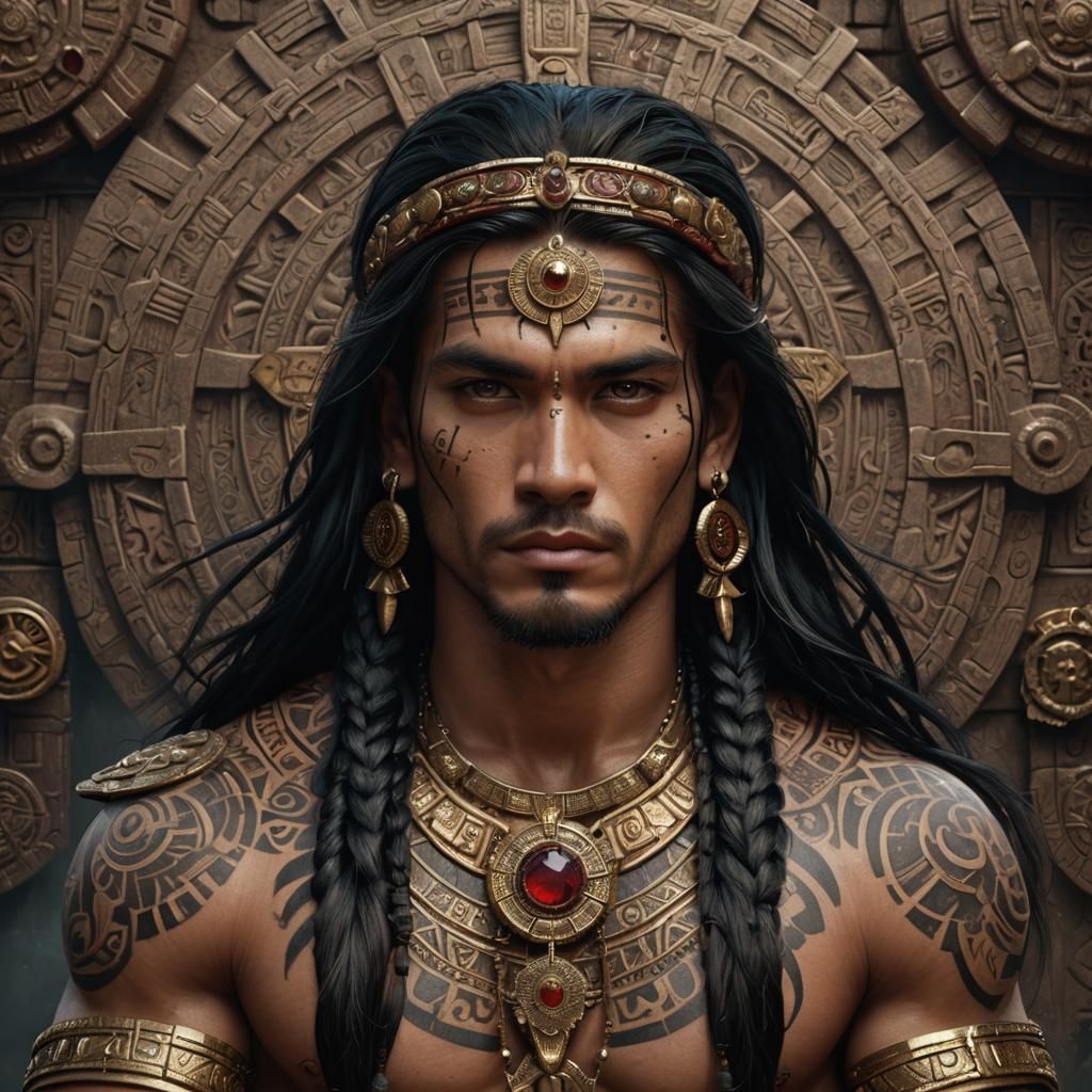 Handsome Man with Tribal Tattoos and Mayan Jewelry
