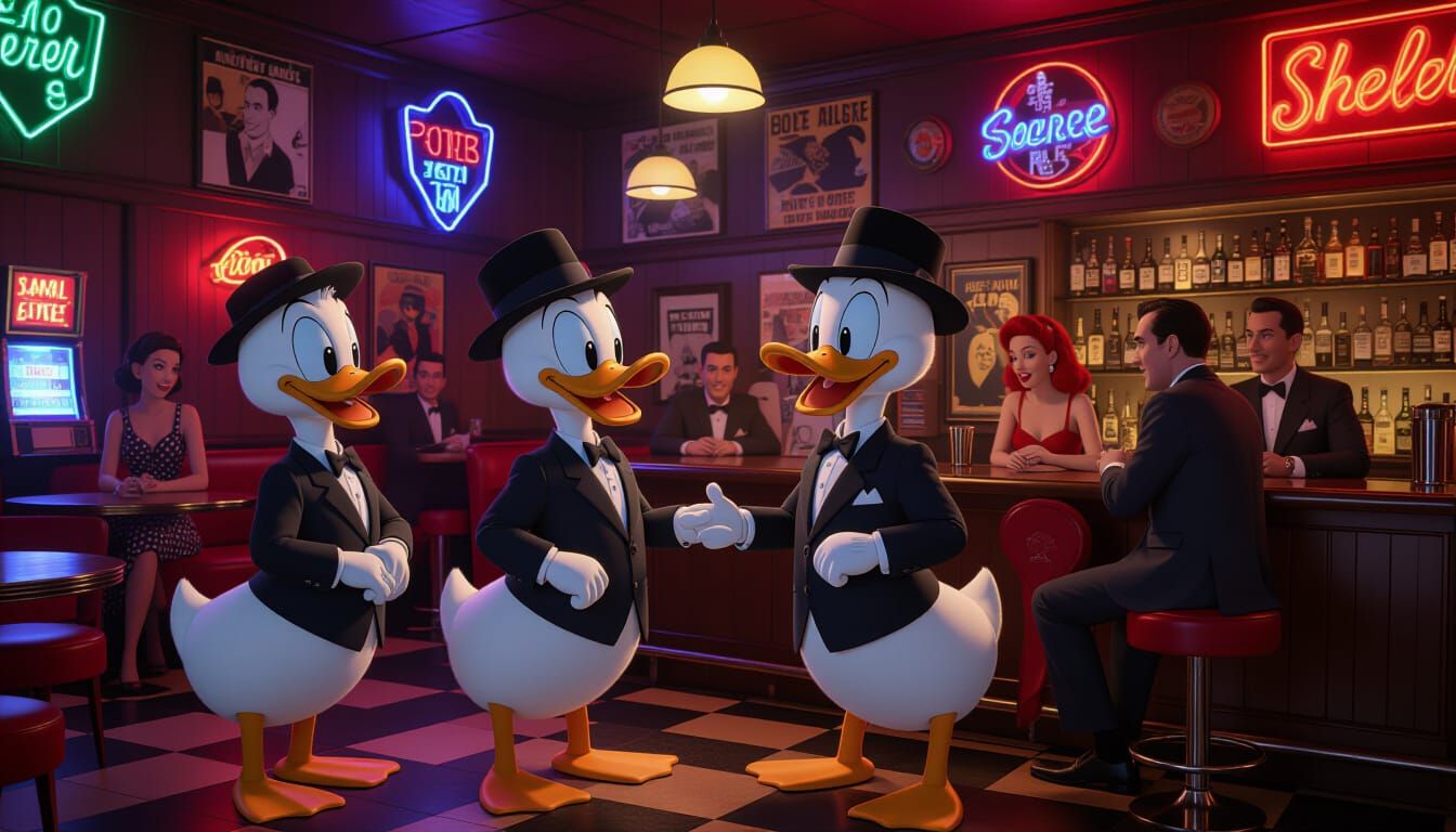 In the style of Who Framed Roger Rabbit display cartoon ducks with photorealistic humans in a bar. Neon signs and Looney Tunes movie posters...