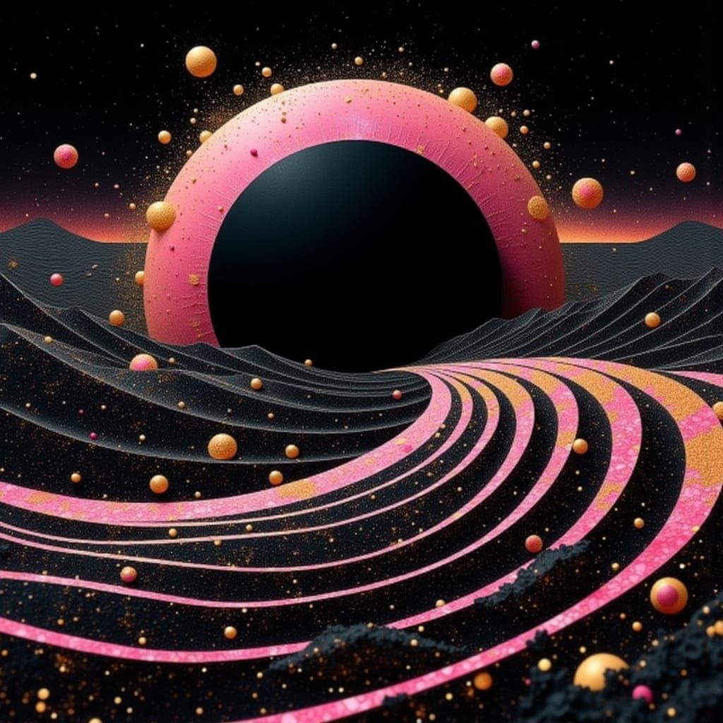 Surreal Black Sun Descends into Undulating Ocean in Cyberpun...