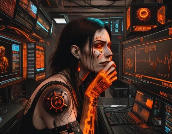 Cyberpunk woman browsing data on a holo screen