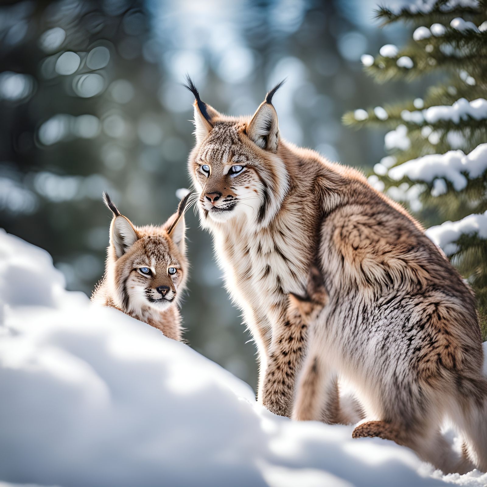 Wildlife park in winter, cute lynx and cub play in the snow ...