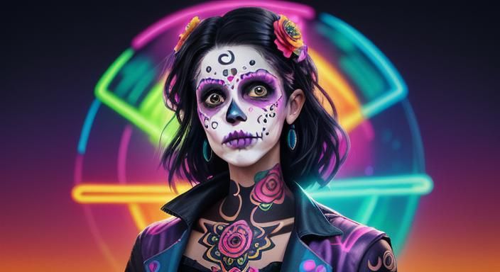 Medium shot of a beautiful woman wearing colorful Día de los...