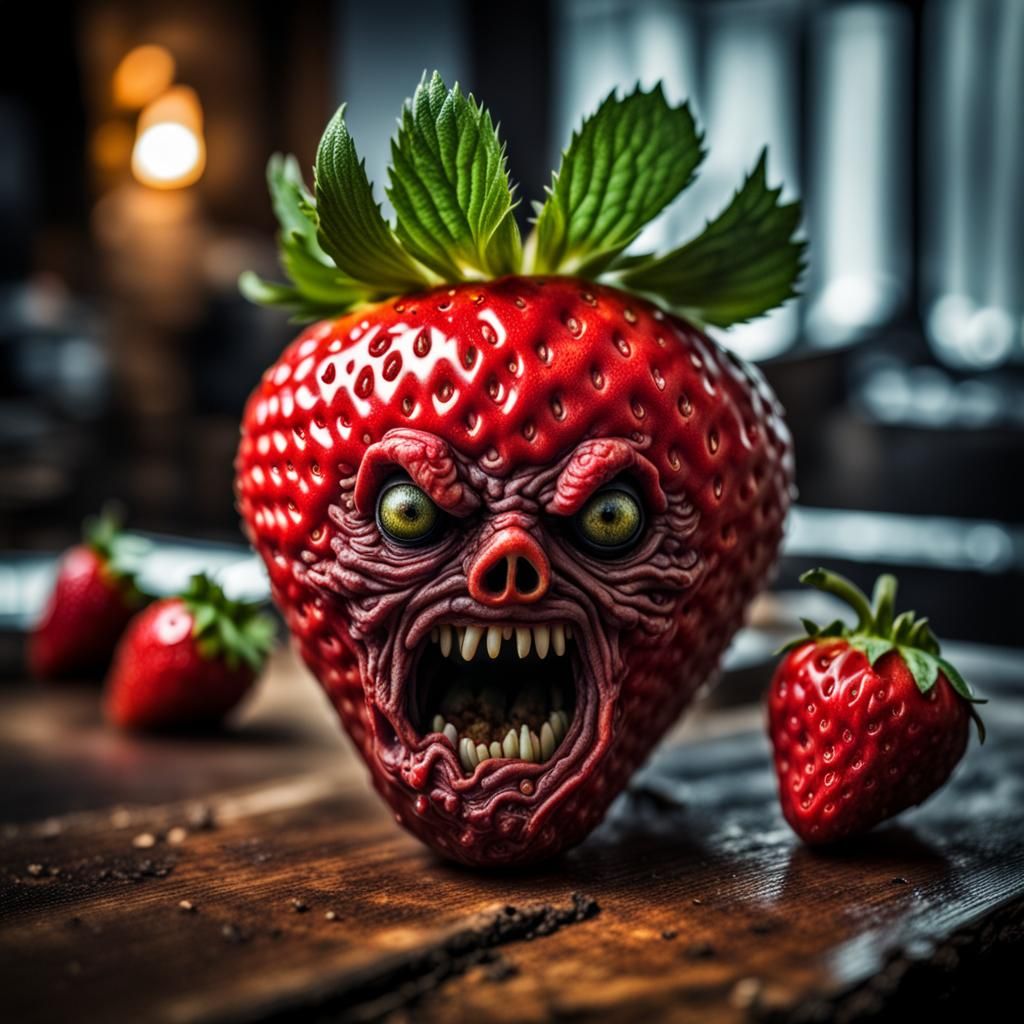 Giant strawberry with a evil zombie face intricate details, HDR, beautifully shot, hyperrealistic, sharp ...  by @Fun Guy
